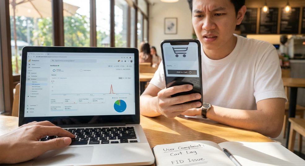 首次输入延迟（FID）在衡量网页交互体验中的地位越来越重要。你是否曾在浏览某个网站时，发现点击按钮后页面迟迟没有反应？这其实就是FID未达标的表现，而它直接影响第一张图